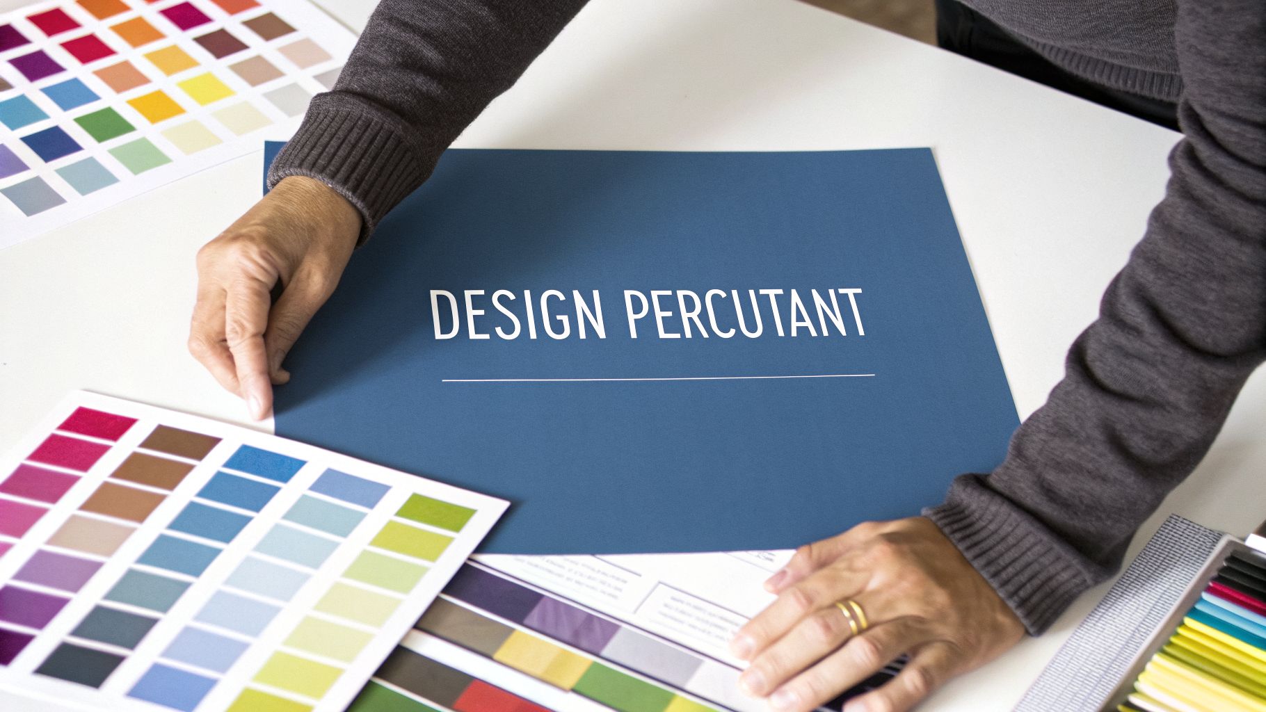 Mains d'une personne tenant une affiche bleue avec le texte 'DESIGN PERCUTANT', entourée d'échantillons de couleurs.