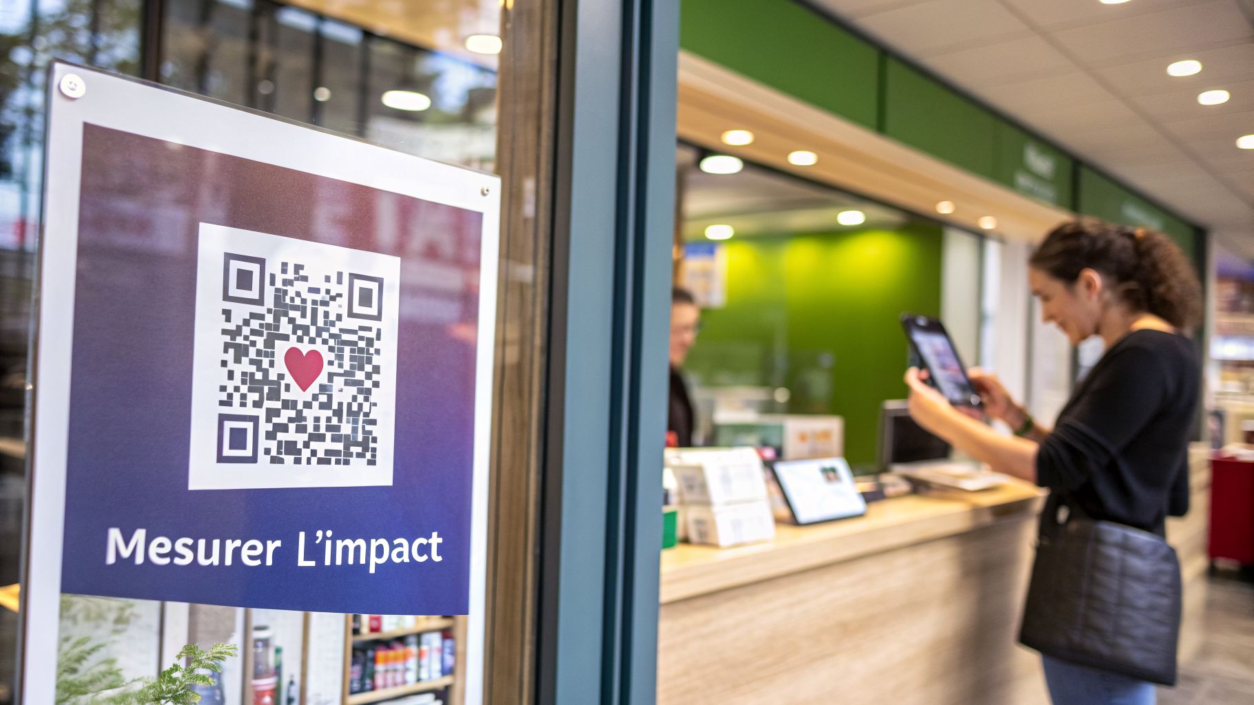 Affiche promotionnelle avec un QR code et le texte "Mesurer l'impact" devant un magasin moderne. Une femme utilise une tablette en arrière-plan.