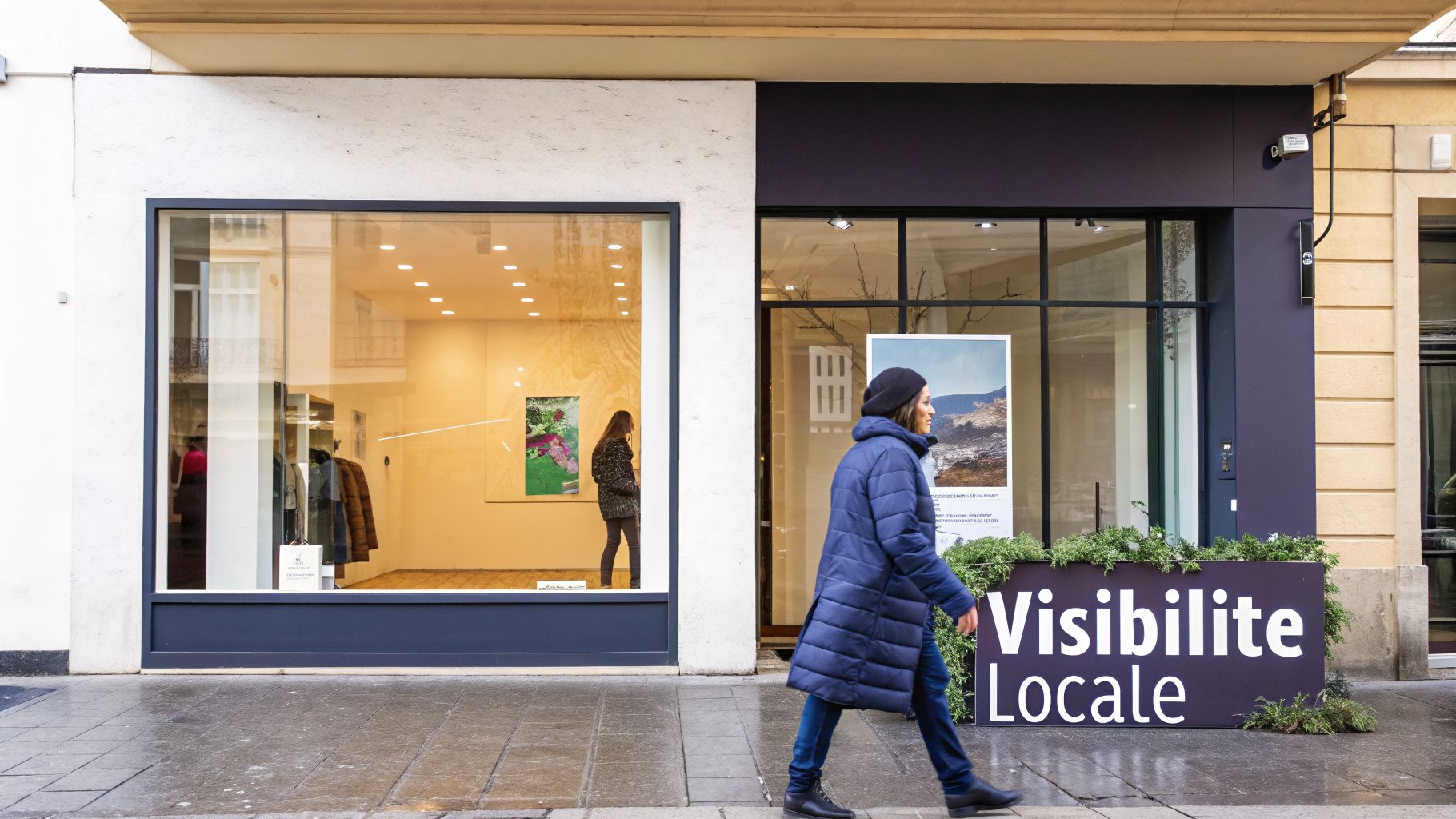 Une femme marche sur un trottoir devant un magasin avec une vitrine et une affiche 'Visibilite Locale'.