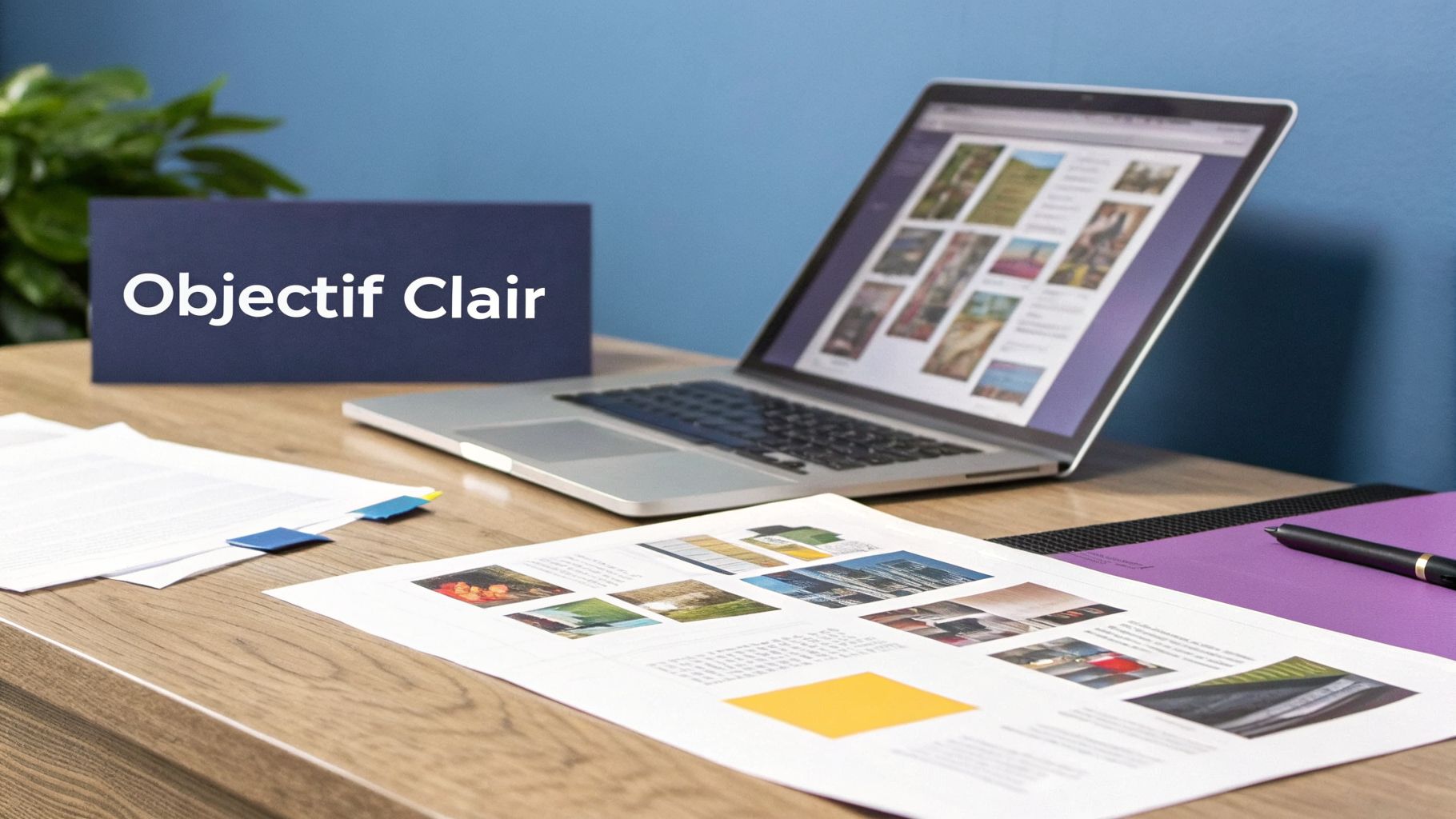 Un bureau de travail avec un ordinateur portable, un document imprimé, un dossier violet, et une affiche 'Objectif Clair'.