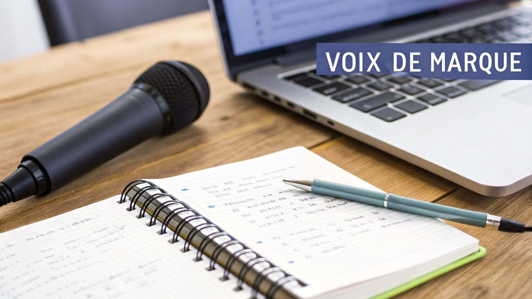 Un microphone, un ordinateur portable, un cahier ouvert et un stylo sur une table en bois, avec le texte 'VOIX DE MARQUE'.