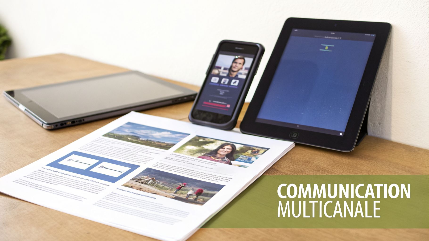 Divers appareils numériques (tablettes, smartphone) et un document imprimé sur une table en bois, illustrant la communication multicanale.