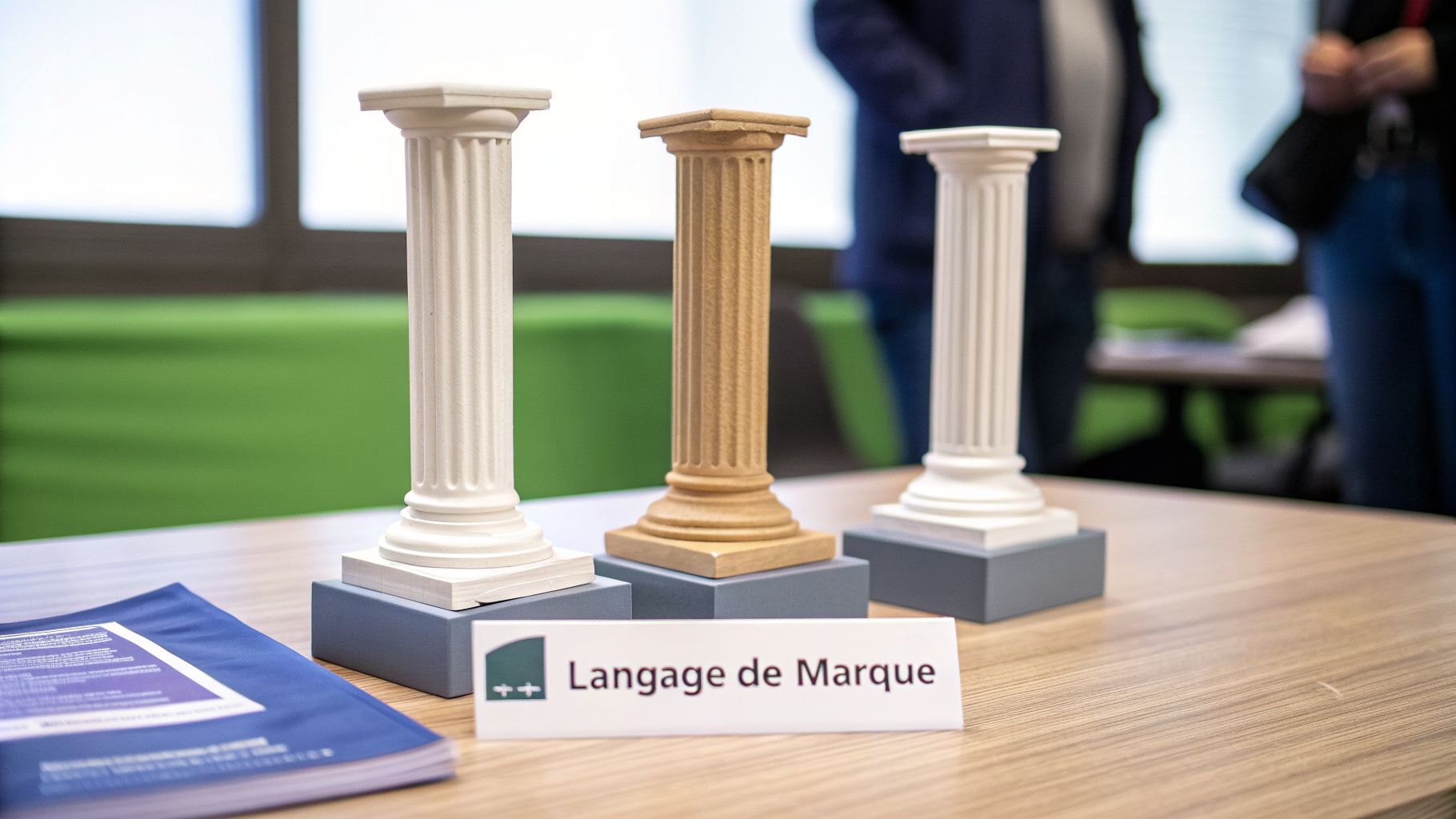 Trois colonnes miniatures sur une table avec un panneau Langage de Marque et un document bleu.