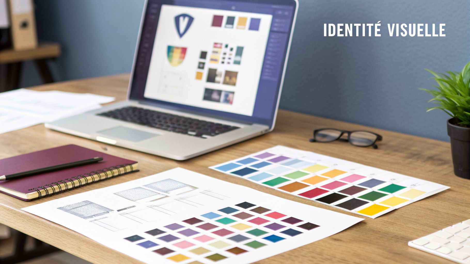 Table de travail avec ordinateur portable affichant une identité visuelle, des palettes de couleurs, un carnet et des documents de design.