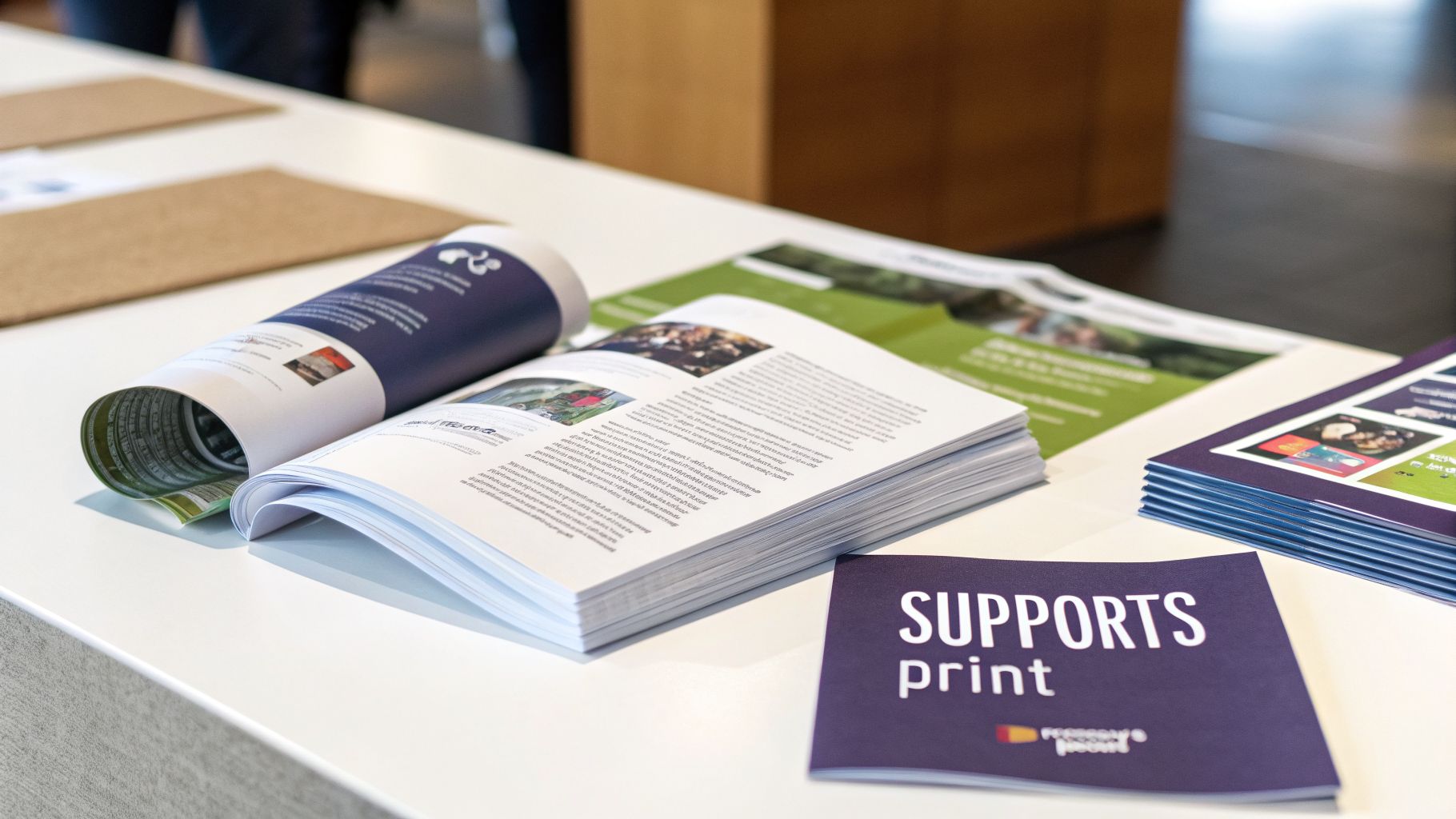 Matériaux de communication imprimés sur une table blanche, incluant magazines, brochures et dépliants lors d'un événement.