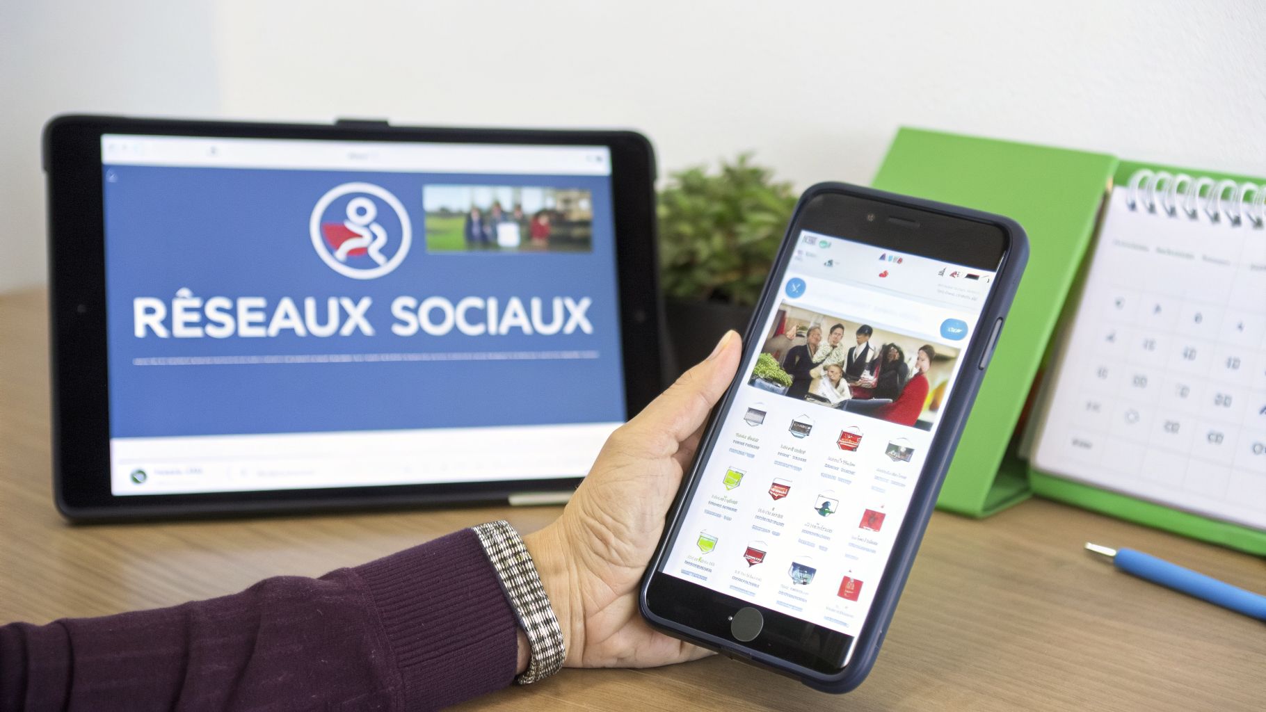 Une personne naviguant sur son smartphone, avec une tablette affichant 'RÉSEAUX SOCIAUX' en arrière-plan.