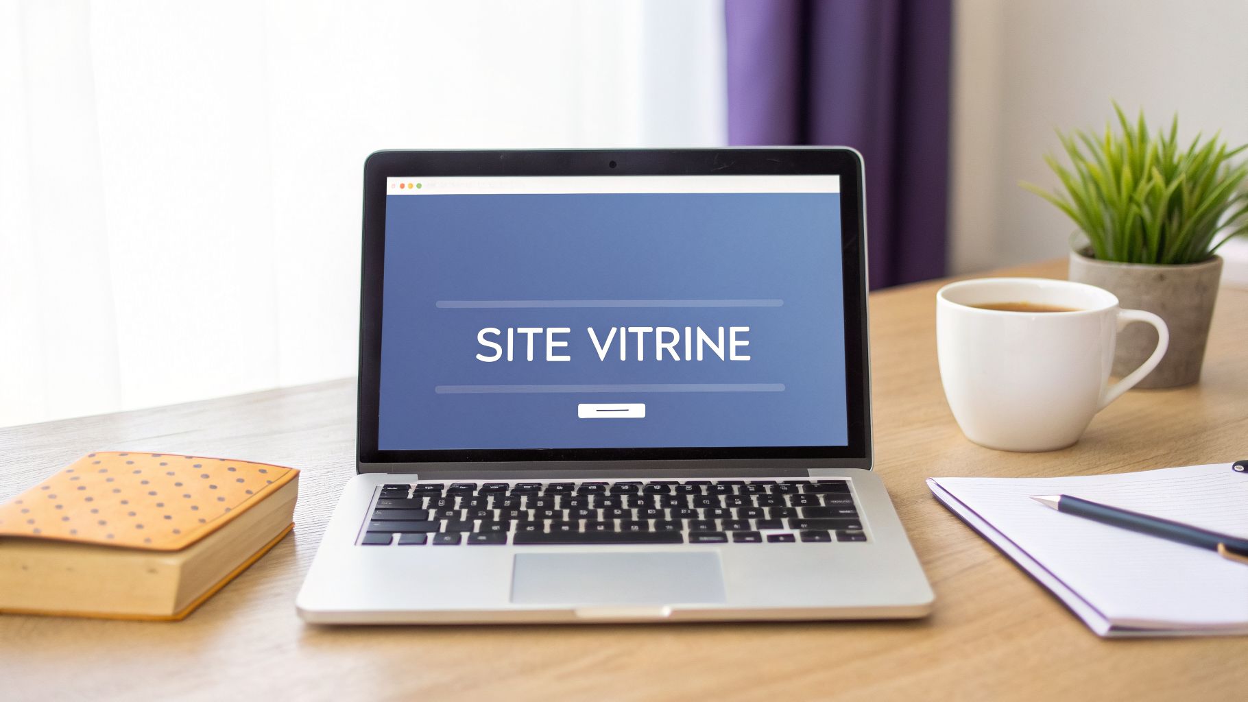 Un ordinateur portable sur un bureau en bois affichant "SITE VITRINE". À côté, une tasse de café, un livre et une plante verte.