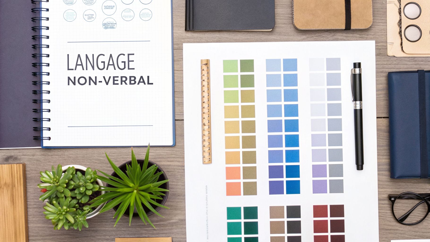 Vue de dessus d'un bureau avec un carnet sur le langage non-verbal, une palette de couleurs, des stylos et des plantes.