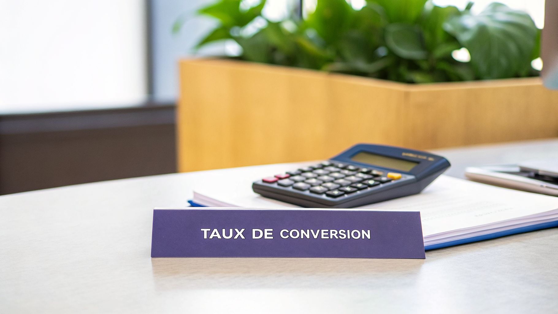 Panneau bleu indiquant 'TAUX DE CONVERSION' sur un bureau avec une calculatrice et des documents, dans un environnement de bureau moderne.