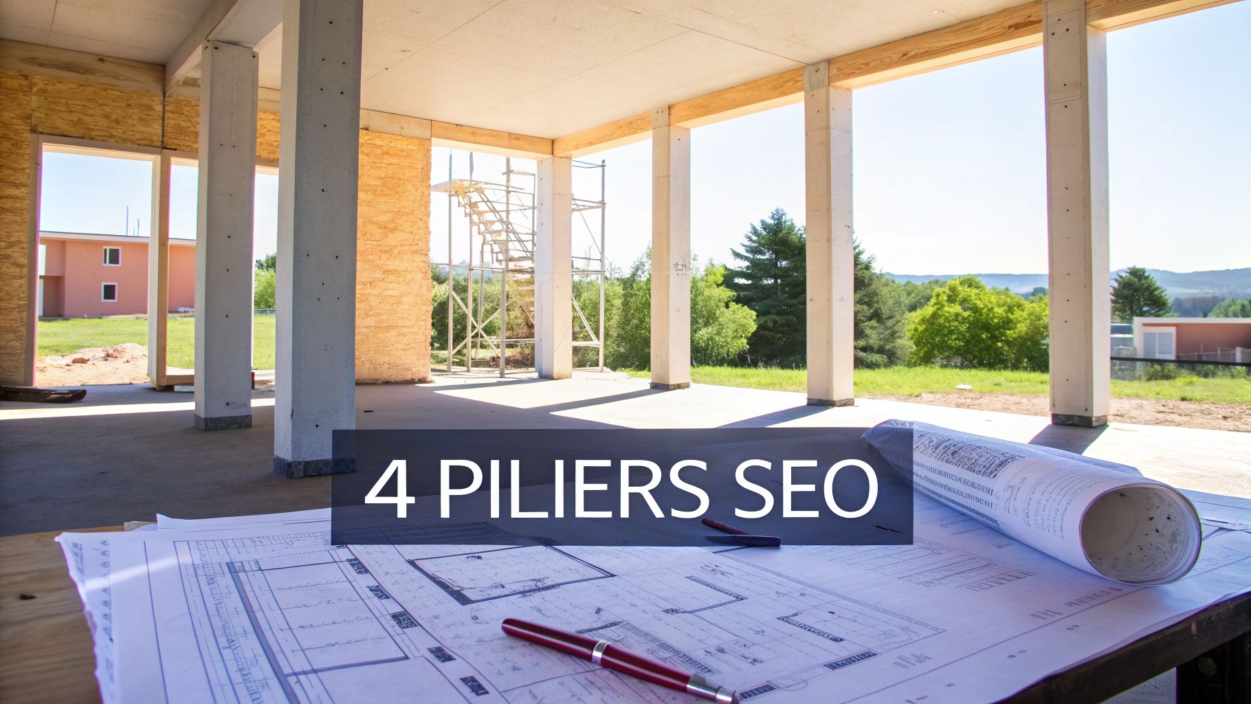 Plans de construction et outils sur une table avec un chantier en arrière-plan, soulignant les '4 Piliers SEO'.