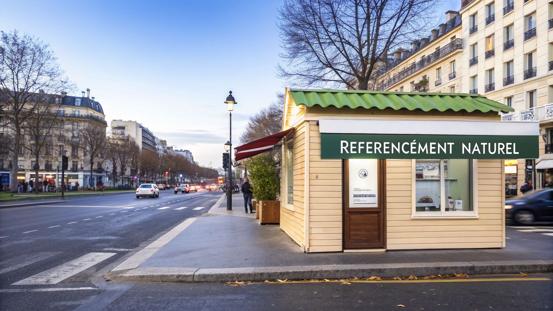 Kiosque « Référencement Naturel » sur un boulevard parisien animé avec circulation et piétons.