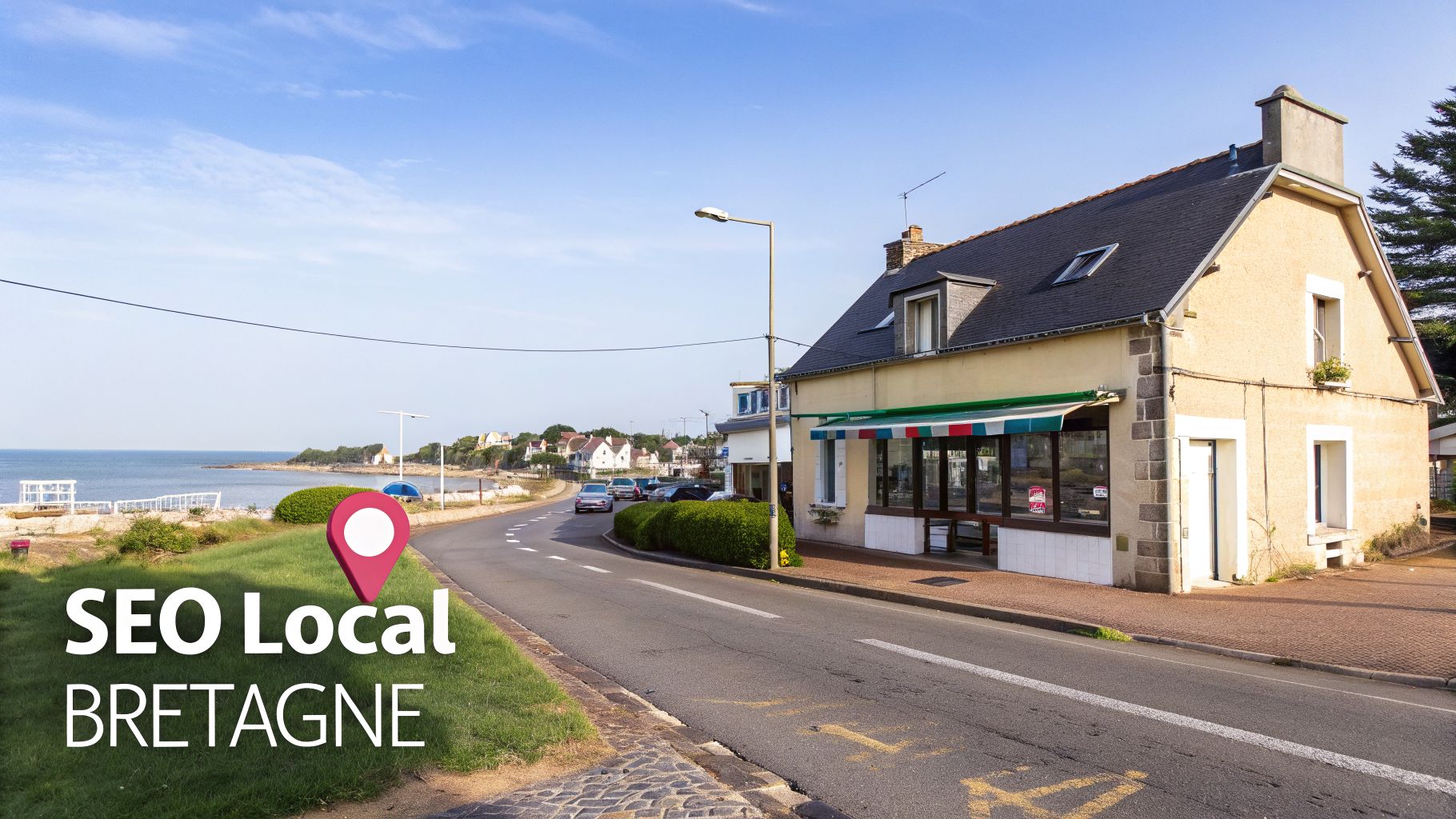 Vue d'une route côtière en Bretagne avec la mer, des maisons et un bâtiment commercial, mettant en avant le SEO local.