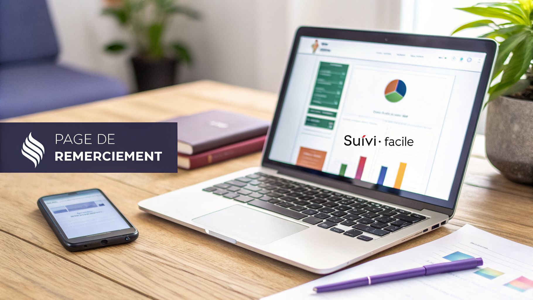 Espace de travail moderne avec ordinateur portable affichant des graphiques, un smartphone et des documents. Bannière : PAGE DE REMERCIEMENT.