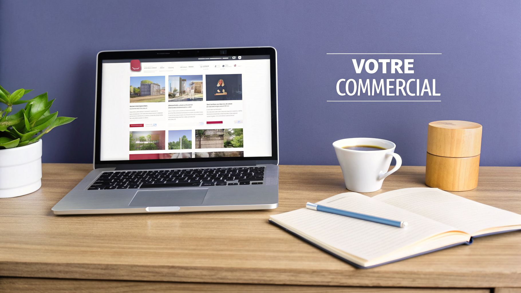 Bureau moderne avec ordinateur portable, tasse de café, carnet et plante, sur fond violet avec texte.