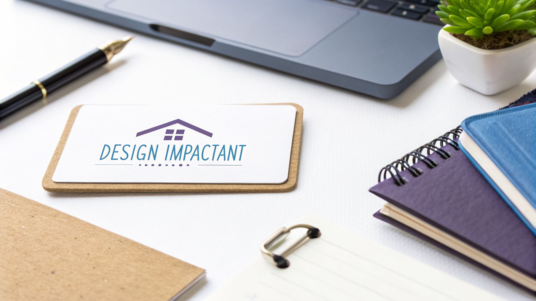 Carte de visite 'DESIGN IMPACTANT' avec un logo de maison sur un bureau d'artisan, entourée de fournitures.