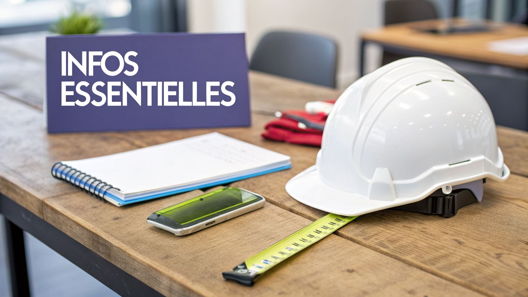 Un casque de chantier blanc, une pancarte "INFOS ESSENTIELLES", et des outils de travail sur une table en bois.
