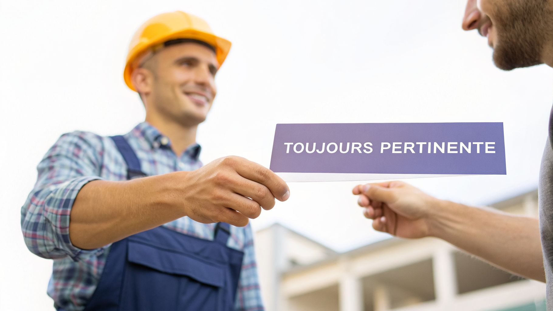 Un ouvrier du bâtiment souriant tend une carte violette avec 'Toujours pertinente' à un autre homme.