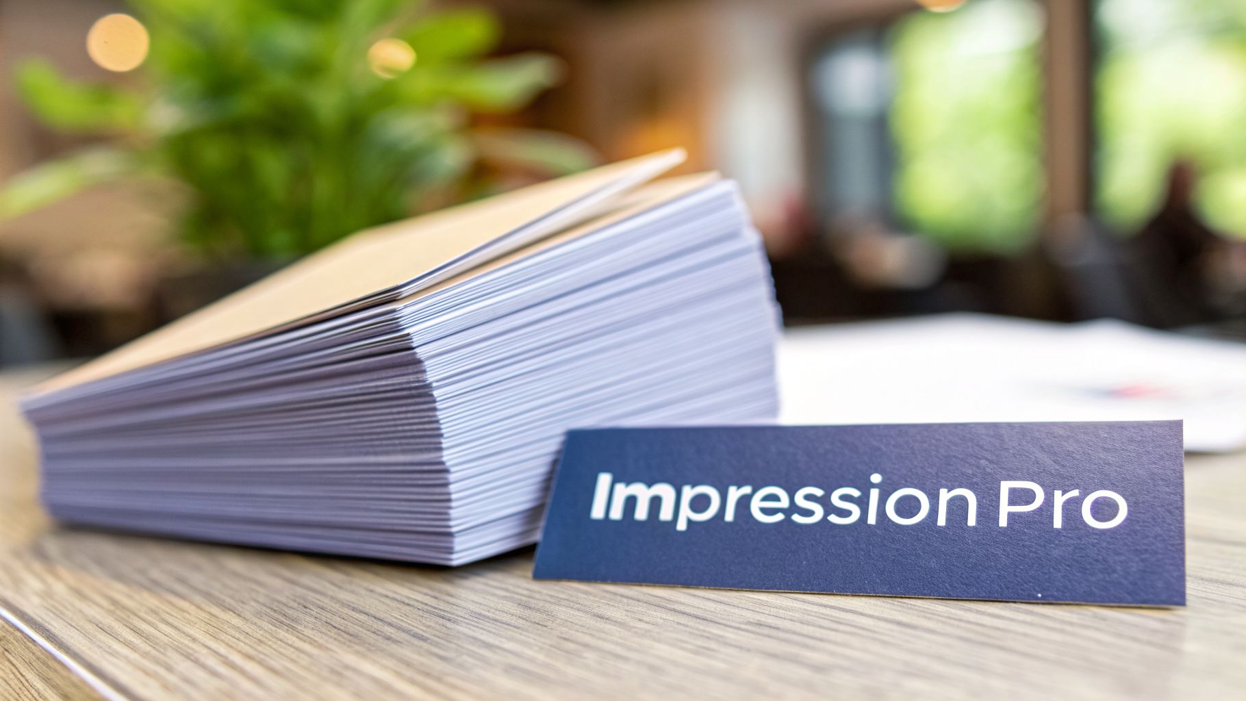 Une pile de documents ou cartes à couvertures marron, avec une carte bleue "Impression Pro" au premier plan sur une table en bois.