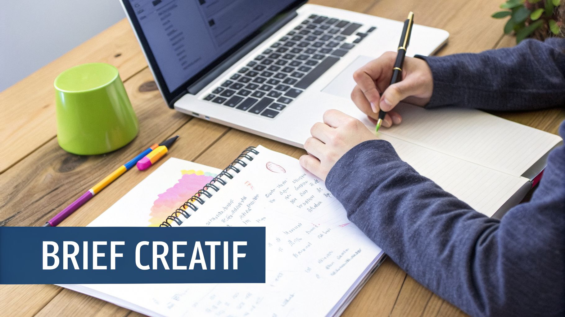 Une personne écrit des notes dans un carnet sur un bureau en bois, avec un ordinateur portable et des crayons colorés.