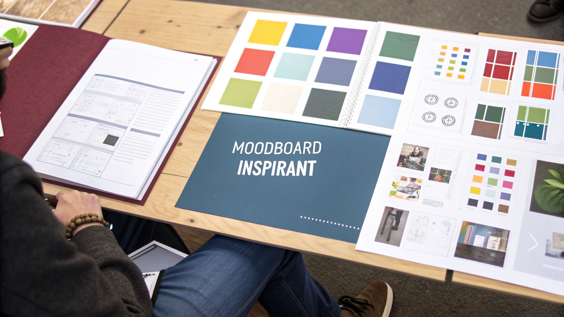 Une personne examine des documents de design, un moodboard et des palettes de couleurs sur une table en bois.