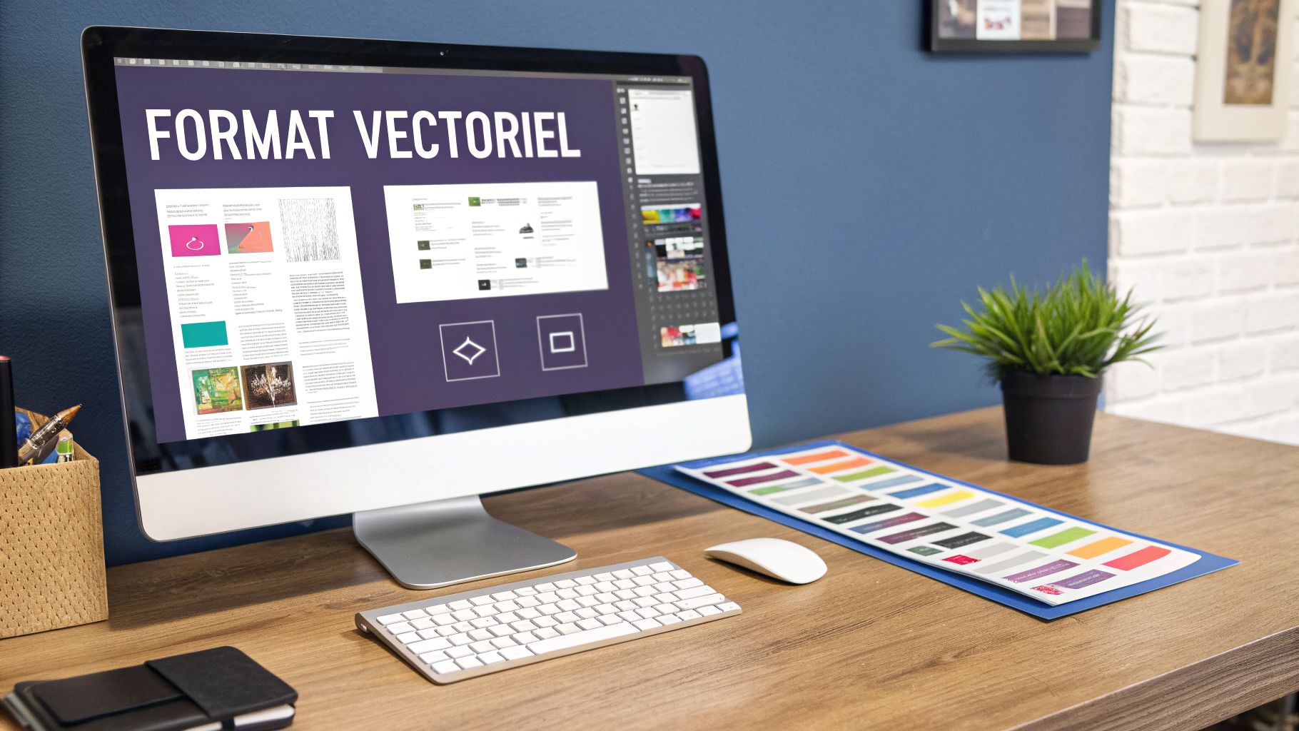 Un espace de travail moderne avec un écran d'ordinateur affichant un logiciel de design graphique et une palette de couleurs sur un bureau en bois.