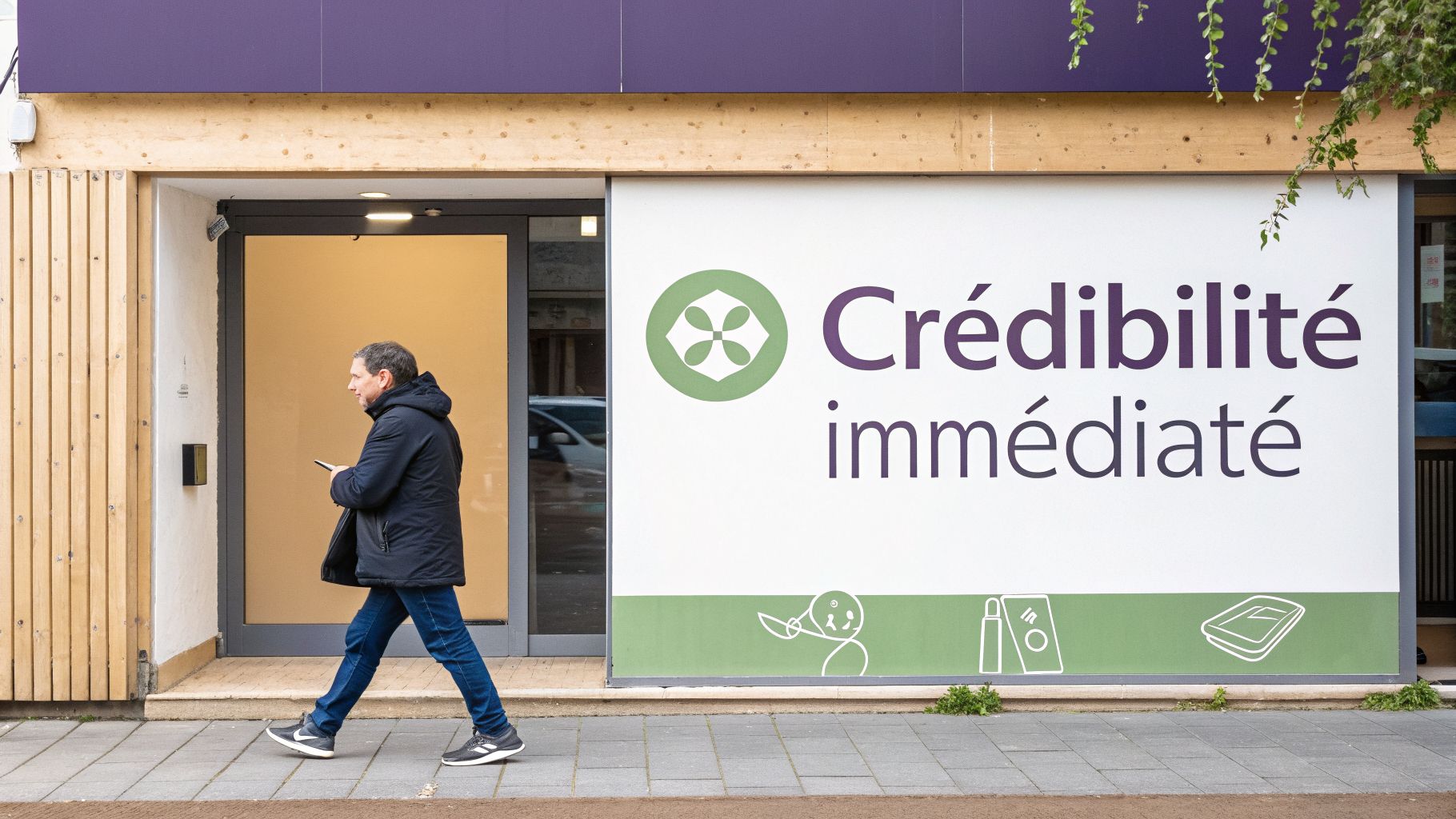 Un homme marche devant un bâtiment avec une enseigne violette et verte affichant "Crédibilité immédiate".