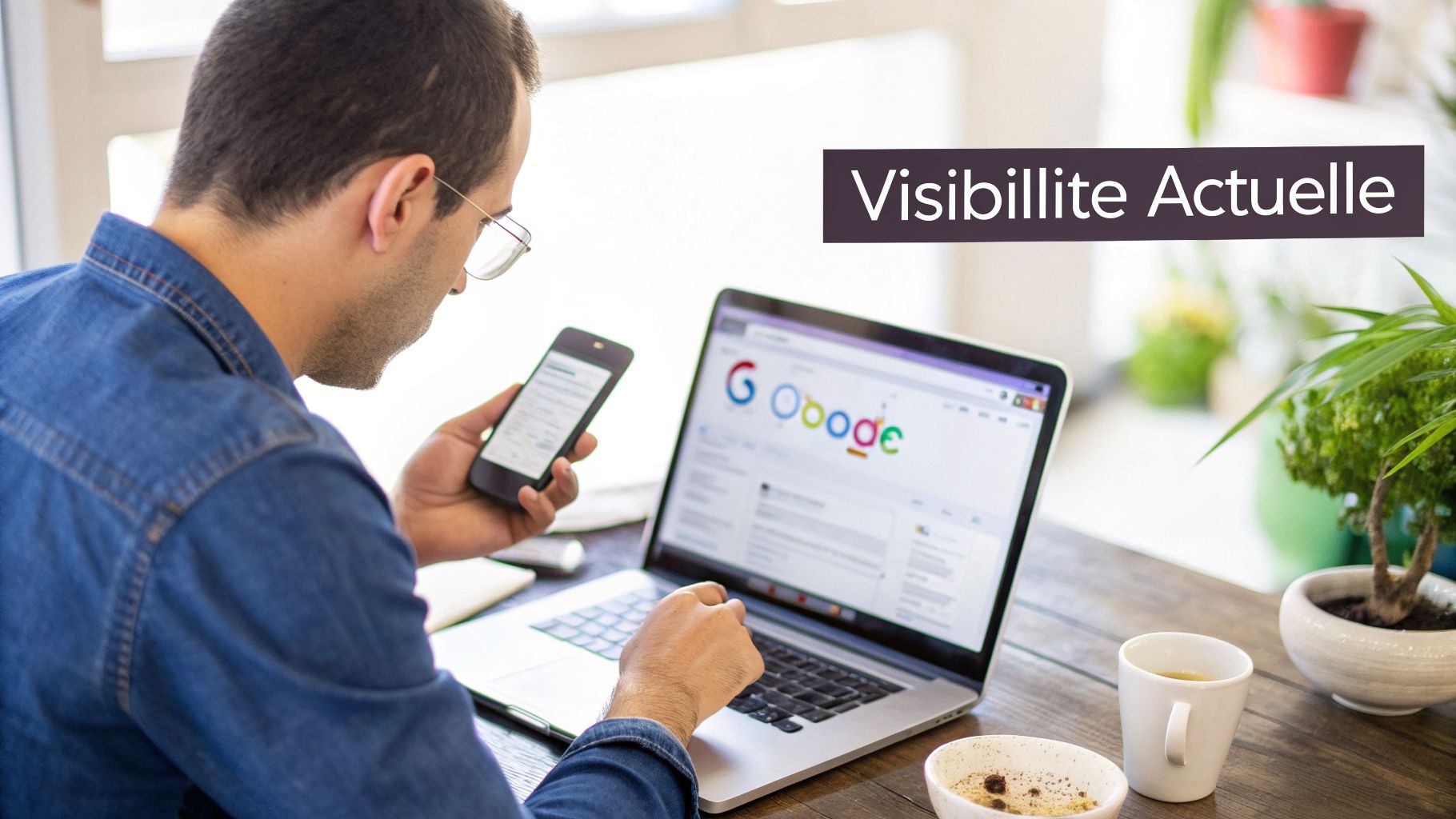 Un homme consulte son téléphone tout en utilisant un ordinateur portable affichant la page d'accueil Google. Le texte 'Visibilite Actuelle' est en surimpression.