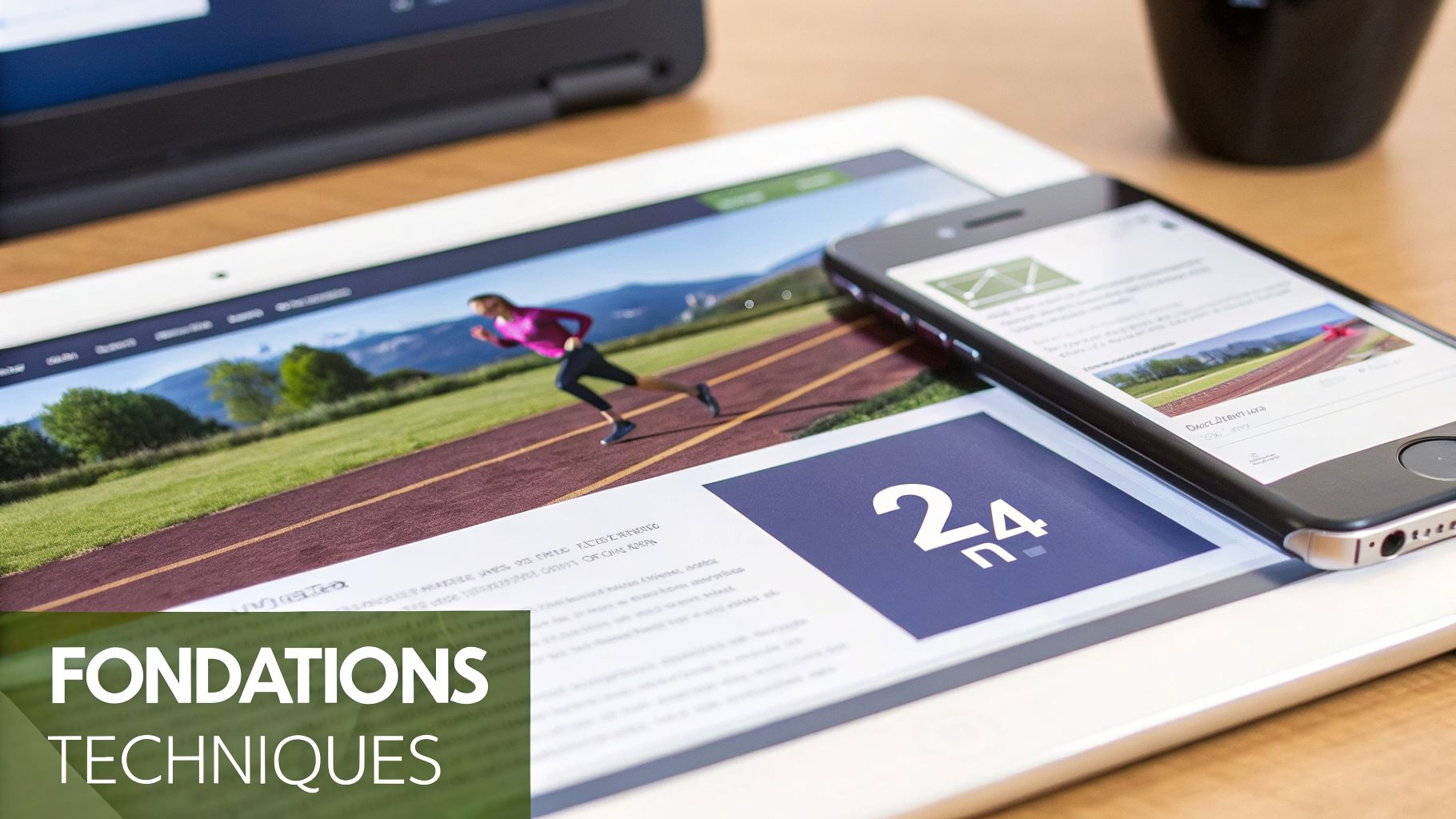 Tablette et smartphone affichant du contenu web sur une table, avec une coureuse sur piste et du texte.