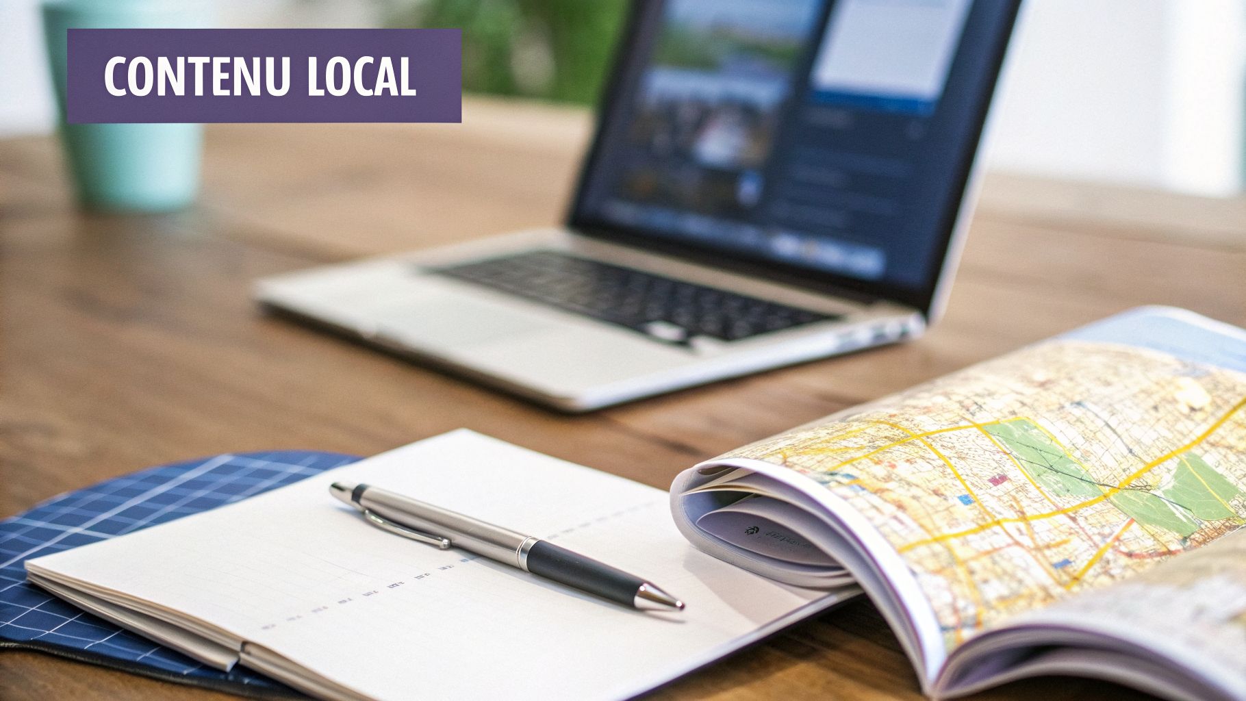 Ordinateur portable, cahier, stylo et carte sur un bureau en bois, avec texte 'CONTENU LOCAL'.