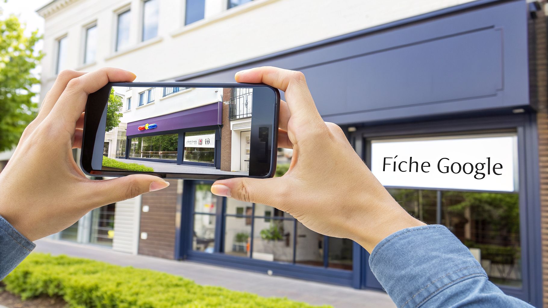 Une personne tient un smartphone affichant une superposition d'informations 'Fíche Google' sur la façade d'un magasin.