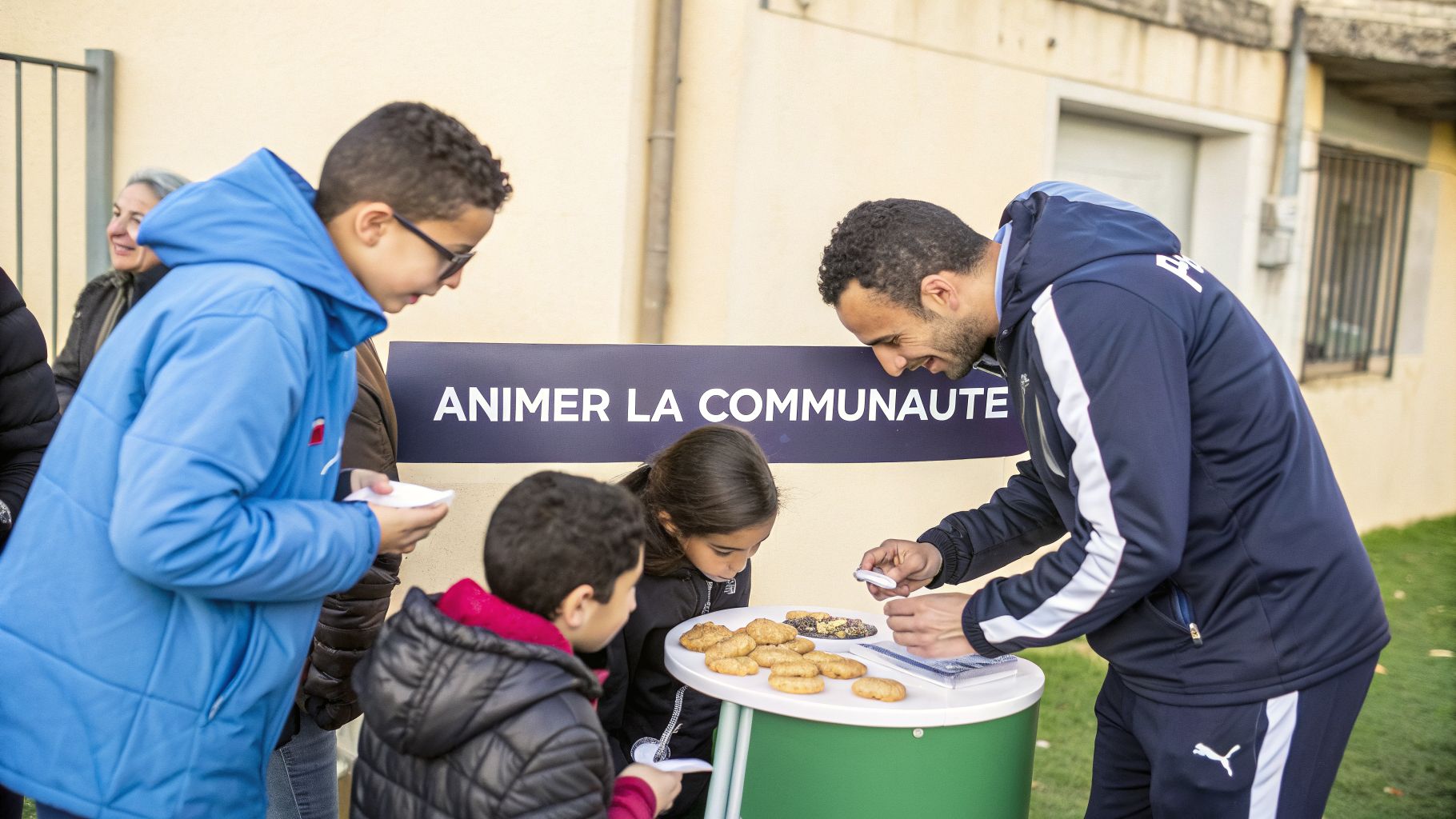 Un homme souriant distribue des biscuits à des enfants lors d'un événement communautaire.