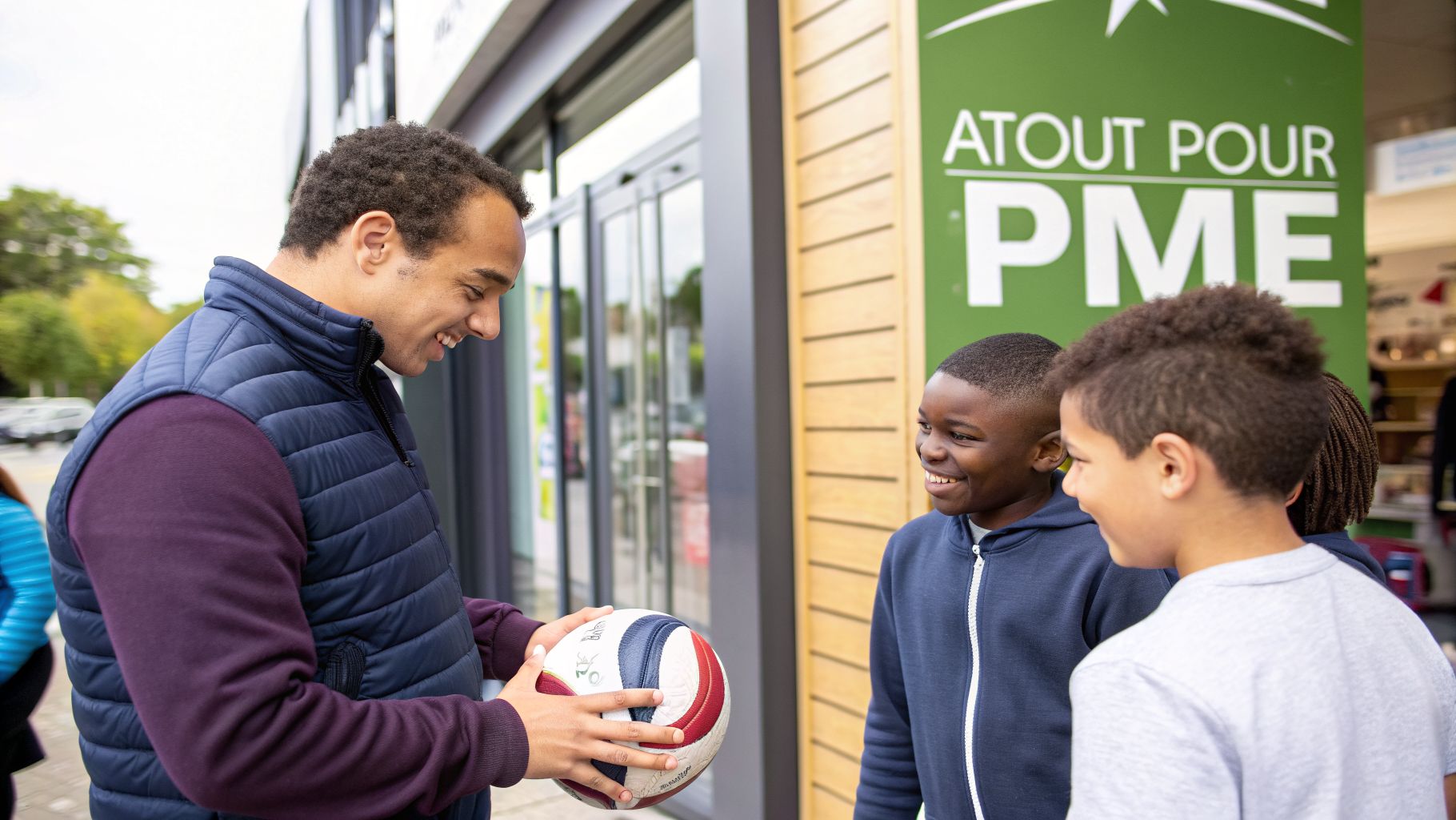 Un homme souriant partage un ballon de football avec deux jeunes garçons ravis devant un magasin.
