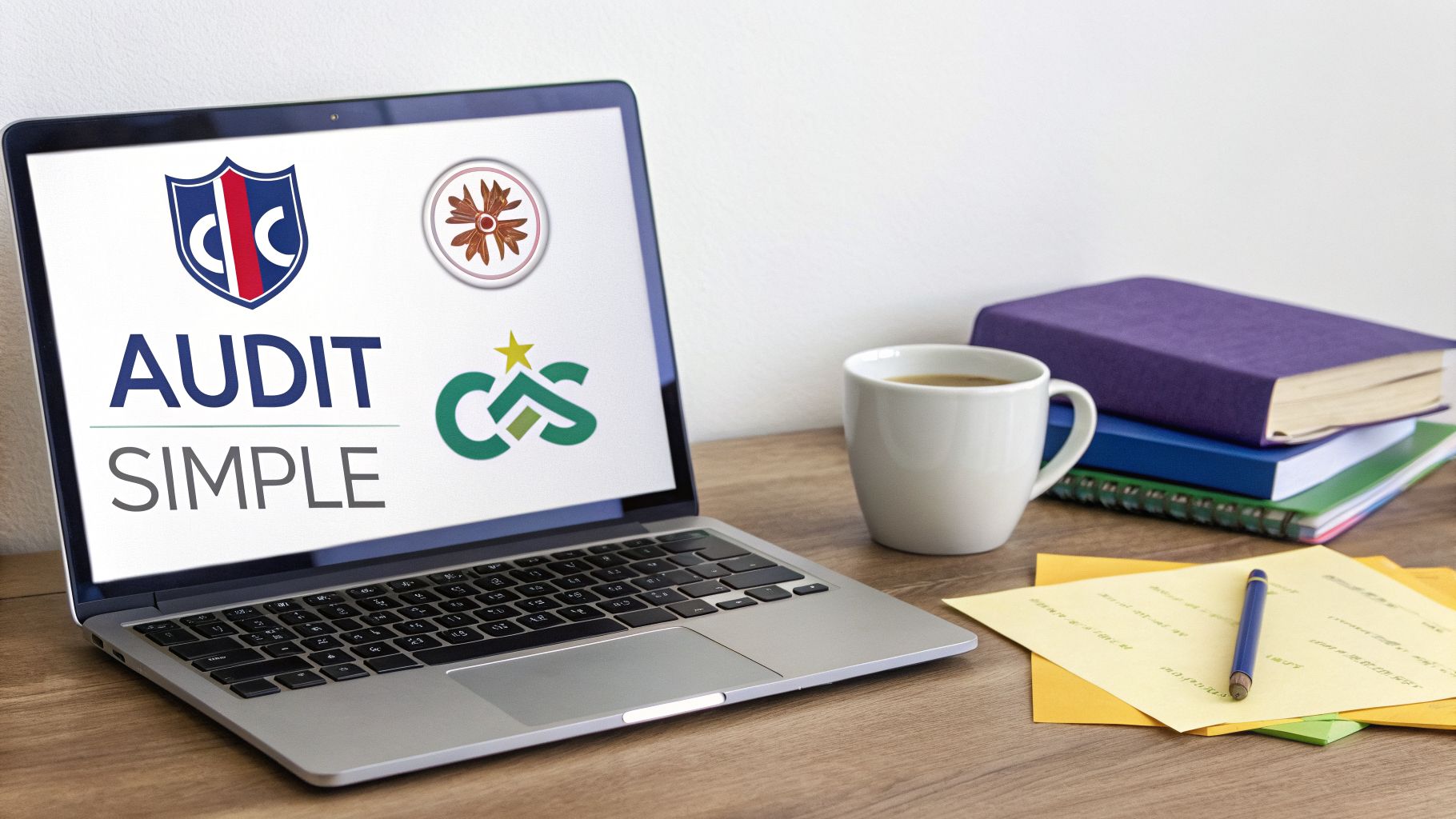 Ordinateur portable affichant 'AUDIT SIMPLE' et des logos, avec une tasse de café, des livres et des notes sur un bureau en bois.